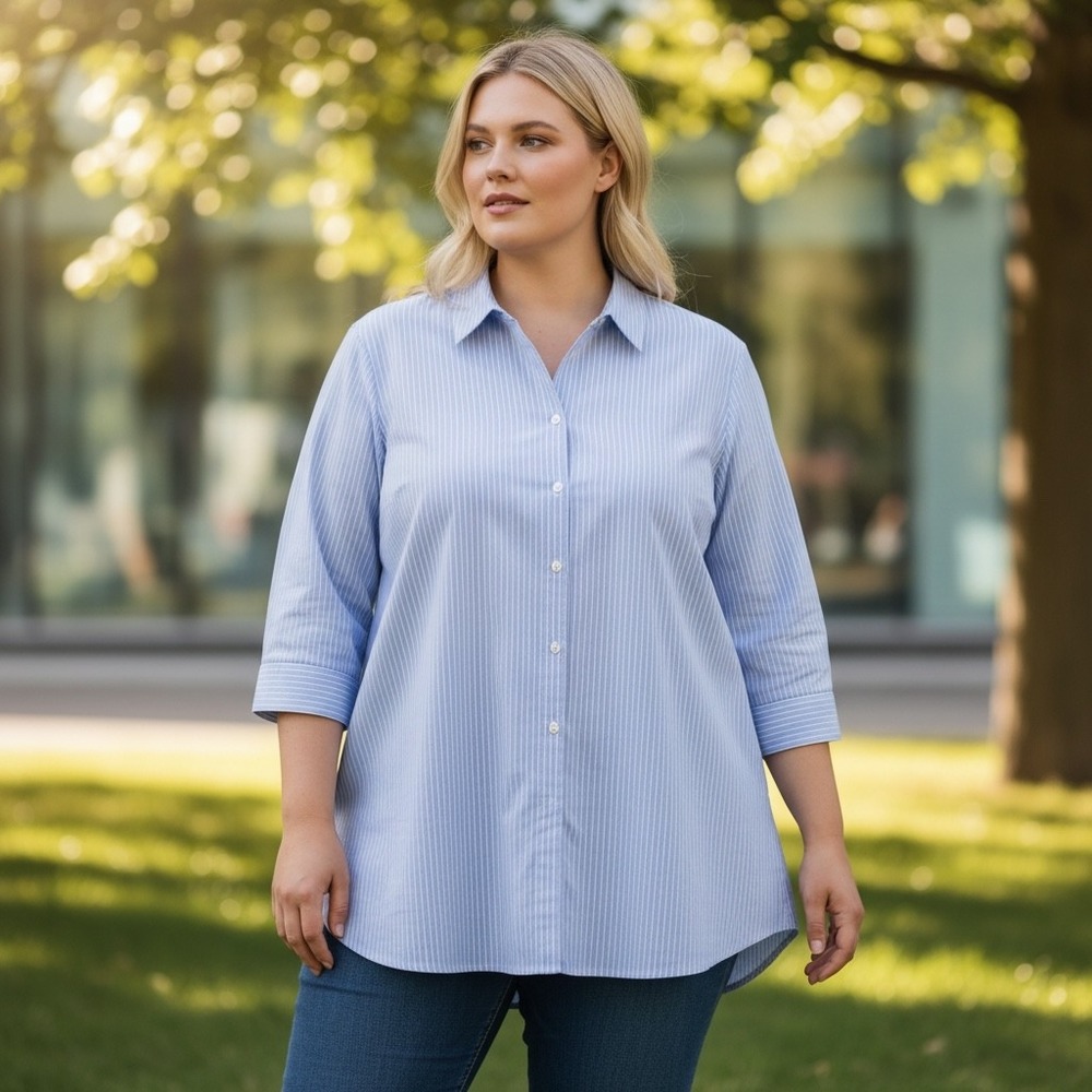 Eddie Bauer Women Blue White Pinstripe Button Down Shirt 2X Plus 7569 22001601‎